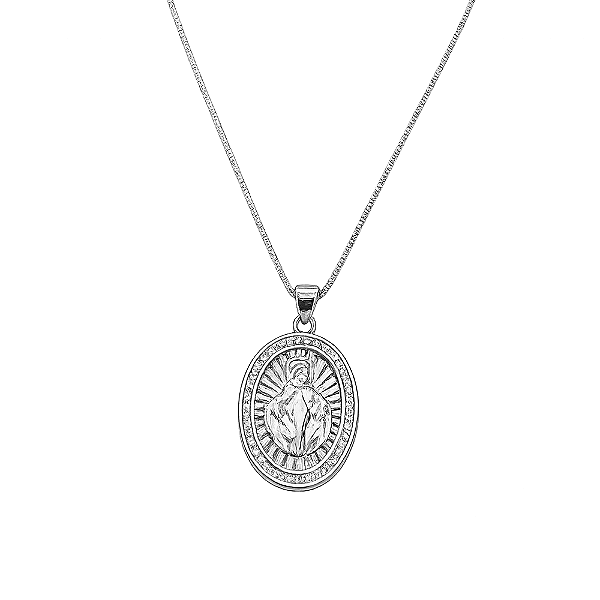 Colar Medalha Nossa Senhora das Graças com Zircônias no Banho de Ródio Branco
