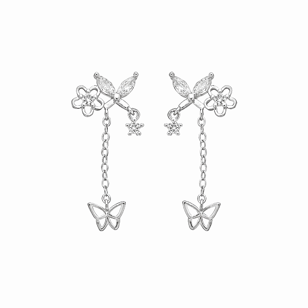 Brinco Borboleta com Flor e Zircônias Incolores Banho de Ródio Branco