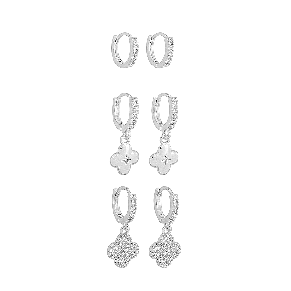 Trio de Argolas com Penduricalhos de Trevo no Banho de Ródio Branco