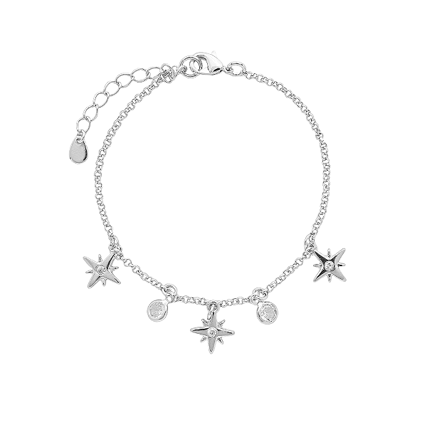 Pulseira Estrela e Ponto de Luz Banho de Ródio Branco