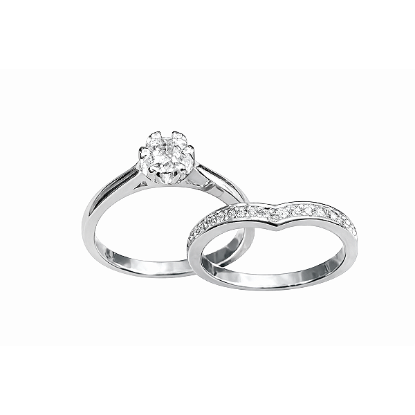 Anel Duplo Solitário e Aparador Zircônias Incolor Banho de Ródio Branco