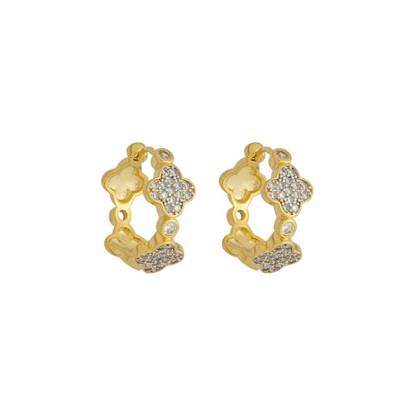 Argola Média Trevos Cravejados Banho de Ouro 18k