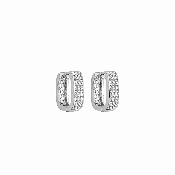 Argola Retangular Zircônias Incolor Banho de Ródio Branco