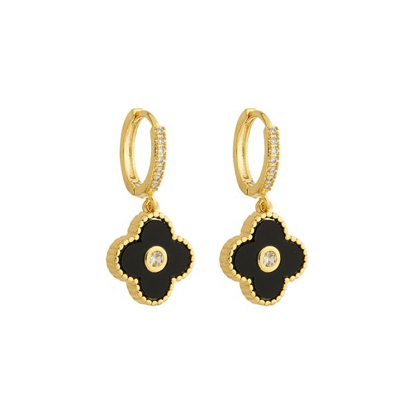 Mini Argola Cravejada Trevo Black Banho de Ouro 18k