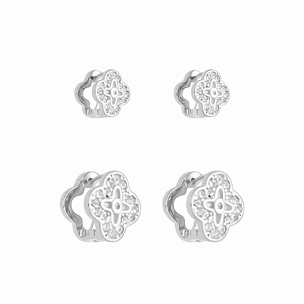 Duo Argolas Trevos Zircônias Incolor Banho de Ródio