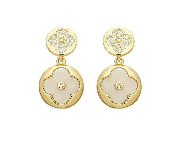 Brinco Trevo Redondo Duplo em Madrepérola no Banho de Ouro 18K