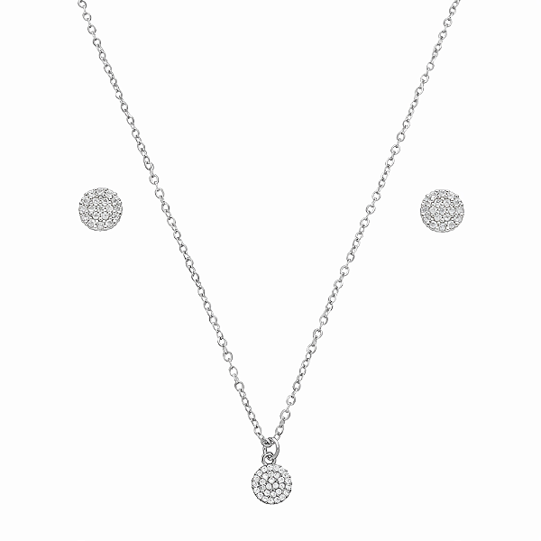 Conjunto Redondo Zircônias Incolor Banho de Ródio Branco