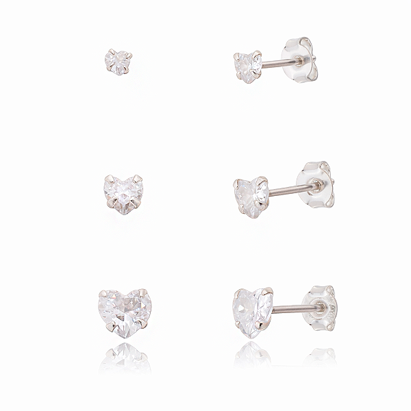 Trio Pontos de Luz Corações Prata 925 Zircônias Incolor