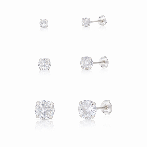 Trio de Brincos Ponto de Luz em Prata 925 com Zircônia Incolor