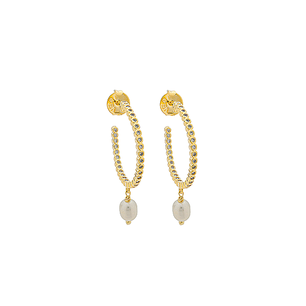 Argola Zircônias Incolor com Pérola de Água Doce Banho de Ouro 18k