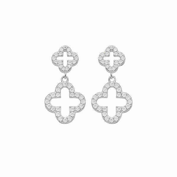 Brinco Trevo Duplo Vazado Entorno Zircônias no Banho de Ródio