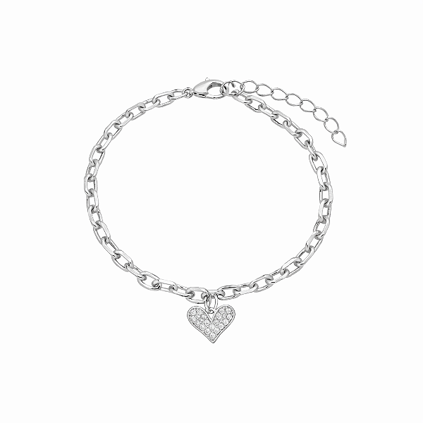 Pulseira Elos Pingente Coração Cravejado Banho de Ródio