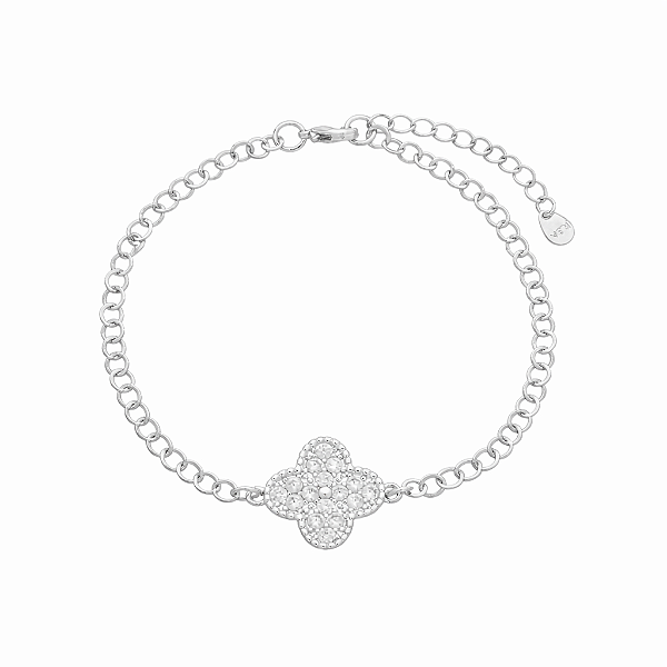 Pulseira Elos Portugueses Trevo Cravejado Banho de Ródio