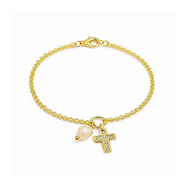 Pulseira com Pingente de Cruz e Pérola de Água Doce Banho de Ouro 18k