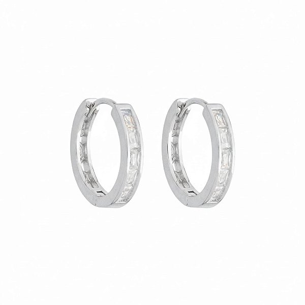 Argola zircônias Baguettes Incolor Banho de Ródio - 1,4cm