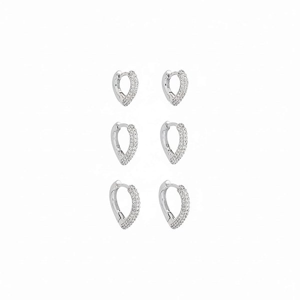 Basiquinhos Argolas Corações e Zircônias Incolor no Banho de Ródio