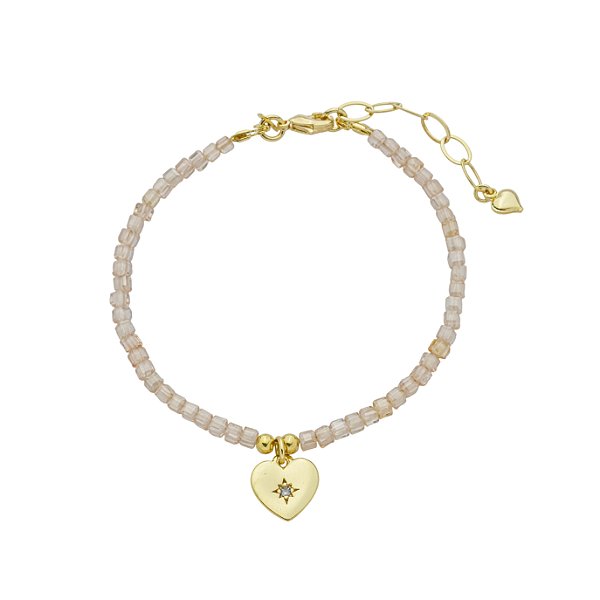 Pulseira Handmade Zircônias Morganite Pingente Coração Banho de Ouro 18k