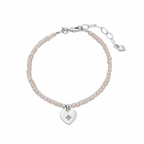 Pulseira Handmade Zircônias Morganite Pingente Coração Banho de Ródio Branco