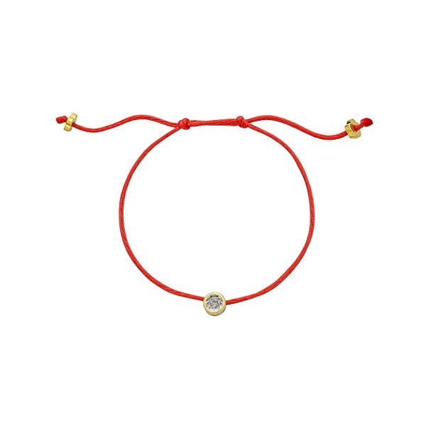 Pulseira Handmade Cetim Vermalho com Ponto de Luz Incolor Banho de Ouro 18k – Ajustável