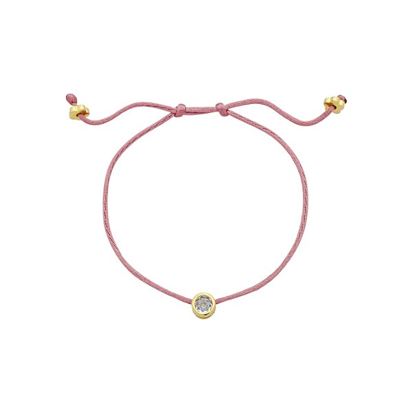 Pulseira Handmade Cetim Goiaba com Ponto de Luz Incolor Banho de Ouro 18k – Ajustável