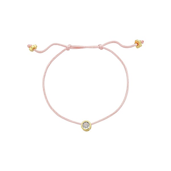 Pulseira Handmade Cetim Rosa Claro com Ponto de Luz Incolor Banho de Ouro 18k – Ajustável