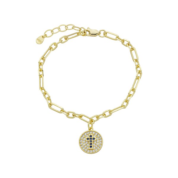 Pulseira Medalha Cruz em Safira Cravejada no Banho de Ouro 18K