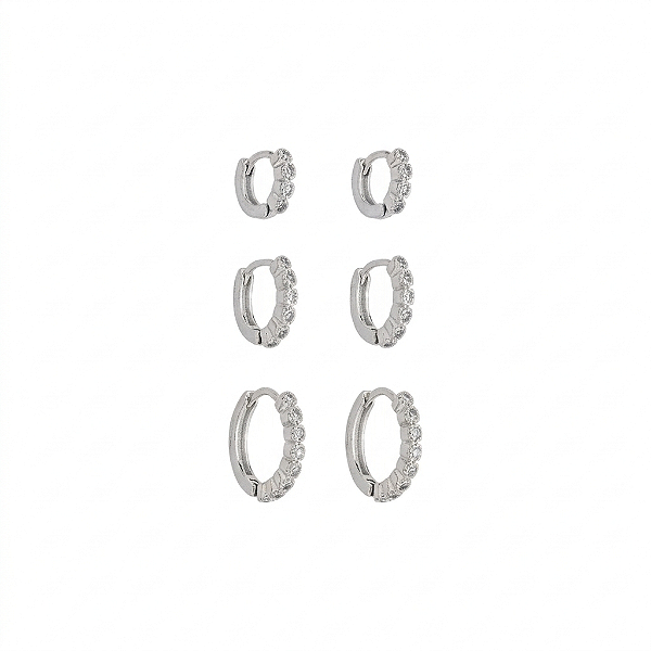 Basiquinhos Trio de Argolas Pontilhadas em Zircônia no Banho de Ródio