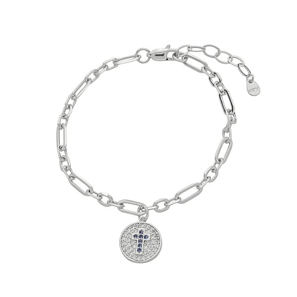 Pulseira Medalha Cruz em Safira Cravejada no Banho de Ródio