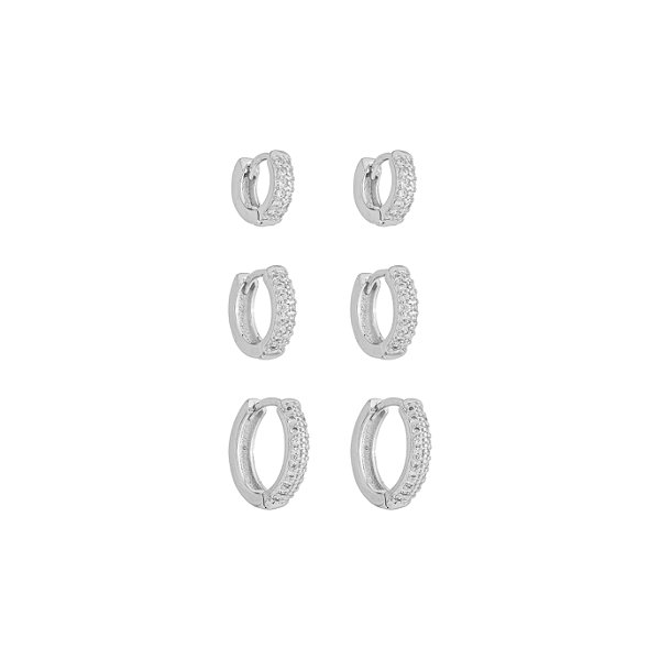 Basiquinhos: Trio Argolas Cravejadas no Banho de Ródio Branco