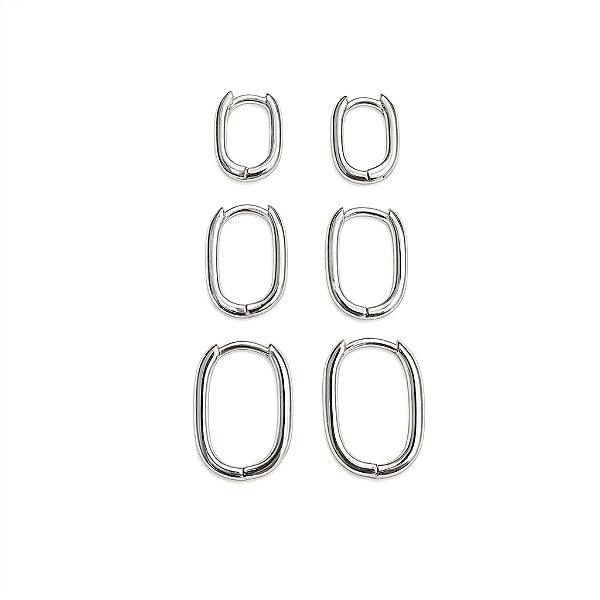 Basiquinhos: Trio de Argolas Ovais Lisas – Banho de Ródio Branco