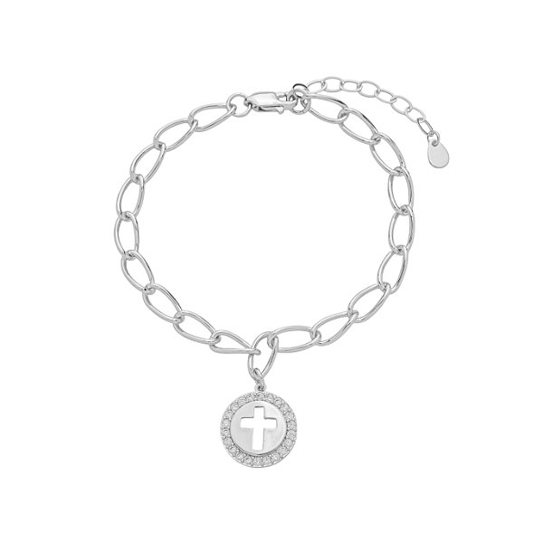 Pulseira Medalha Cruz Vazada Banho de Ródio Branco