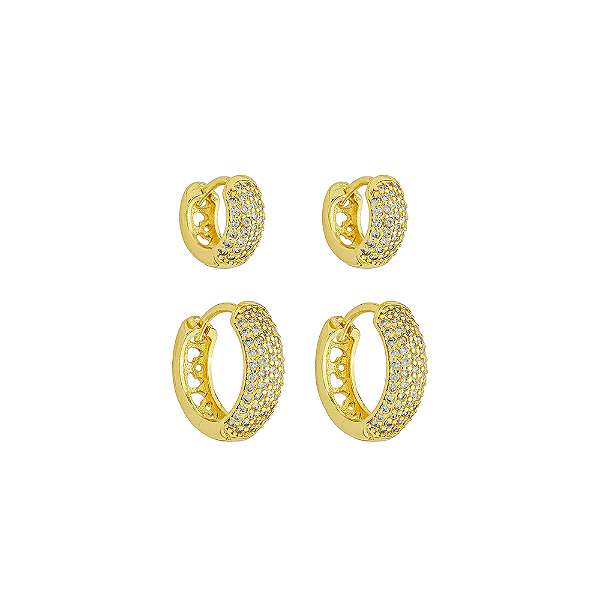 Duo Argolas Zircônias Incolor Banho de Ouro 18K
