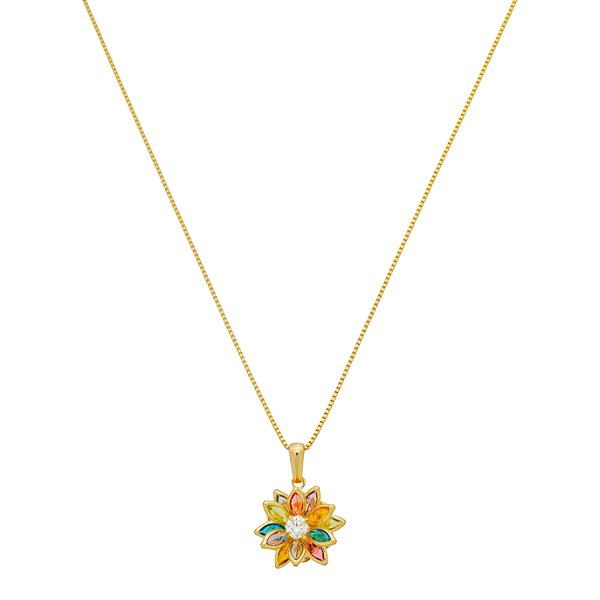 Colar Flor Lótus Pétalas Coloridas Banho de Ouro 18k