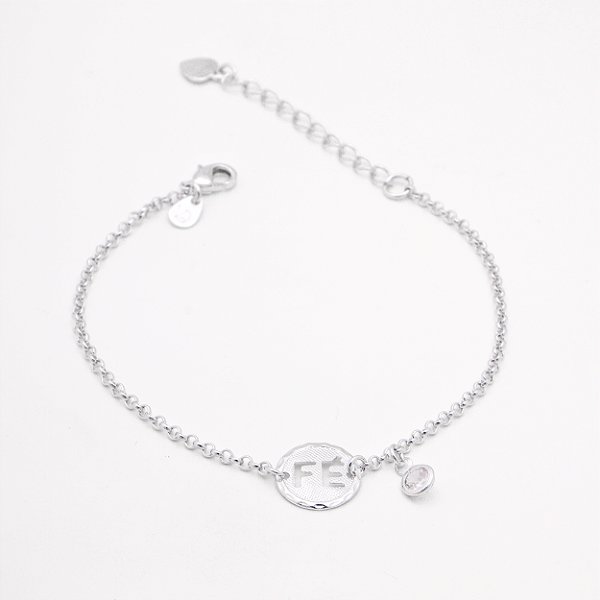Pulseira Fé com Pingente de Zircônia Banho de Ródio Branco