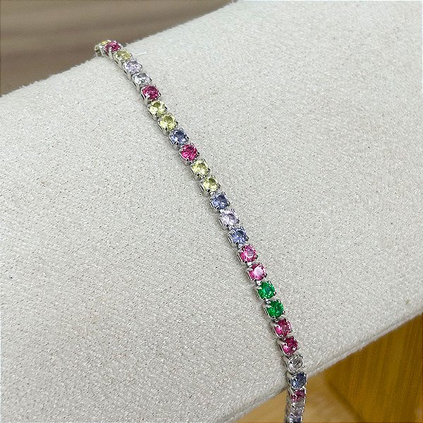 Pulseira Riviera Colorida Banho de Ródio Branco
