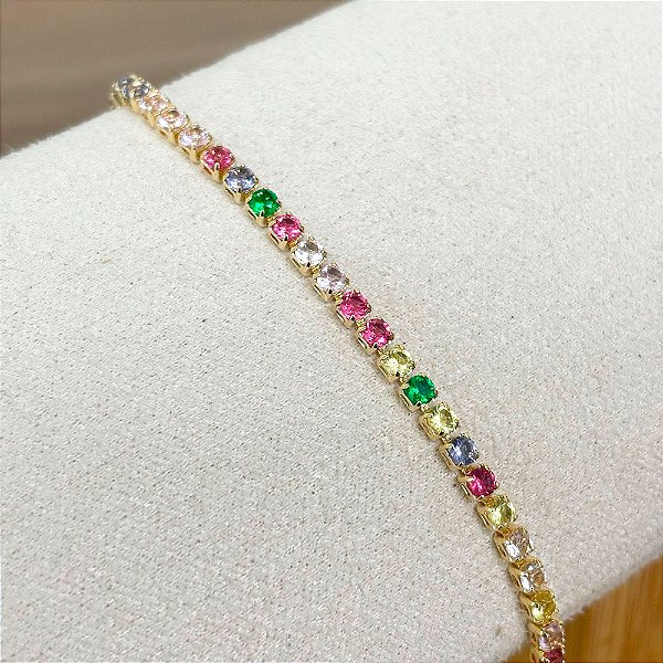 Pulseira Riviera Zircônias Coloridas Banho de Ouro 18k