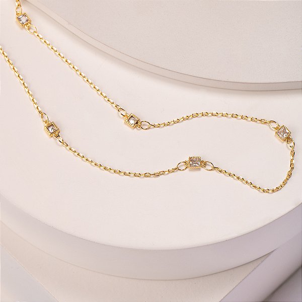 Colar Longo Quadrados Banho de Ouro 18k