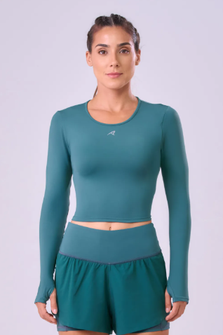 CAMISETA CROPPED SIGNATURE SAMBA MANGA LONGA  VERDE MEDITERRANEO
