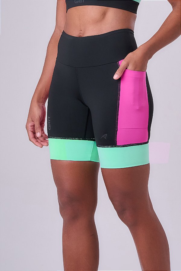 BERMUDA GRIT BOSSA 3 BOLSOS 18CM PRETO/PINK FLUOR/VERDE MENTA