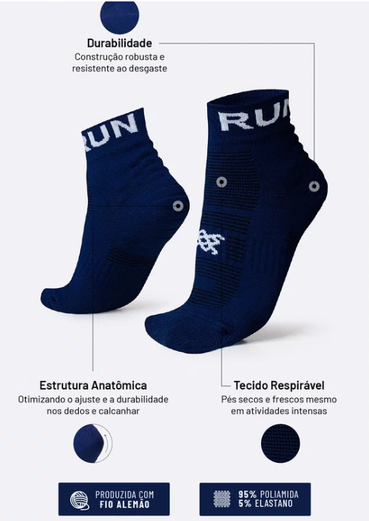 Meia HUPI Running Pro Azul Marinho - Cano curto - Tamanho Plus 42-46