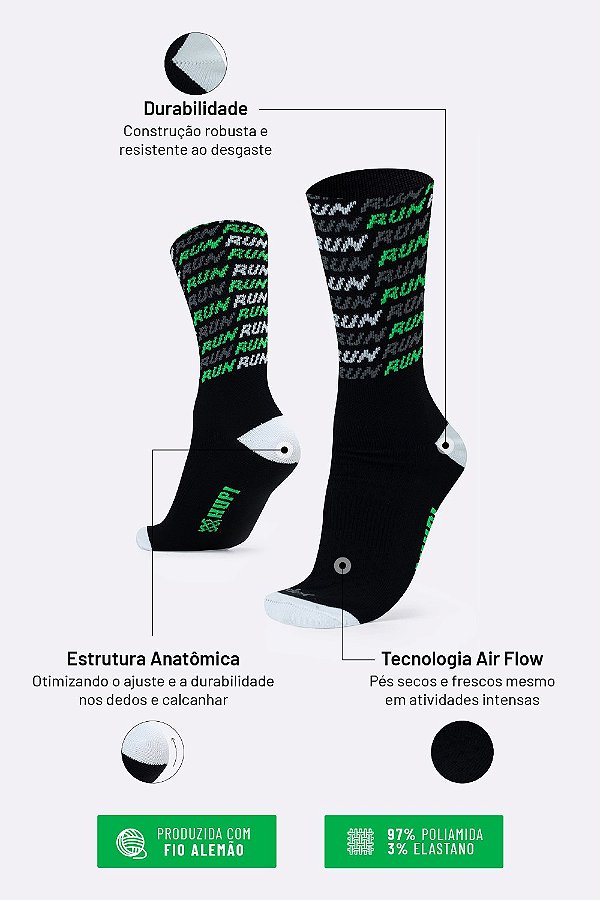 Meia HUPI Run Tri Preto e Verde