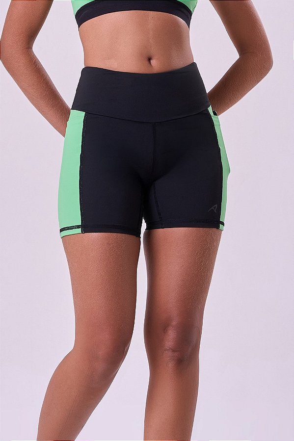 BERMUDA SPRINT GINGA 3 BOLSOS 14CM PRETO / VERDE RADIANTE