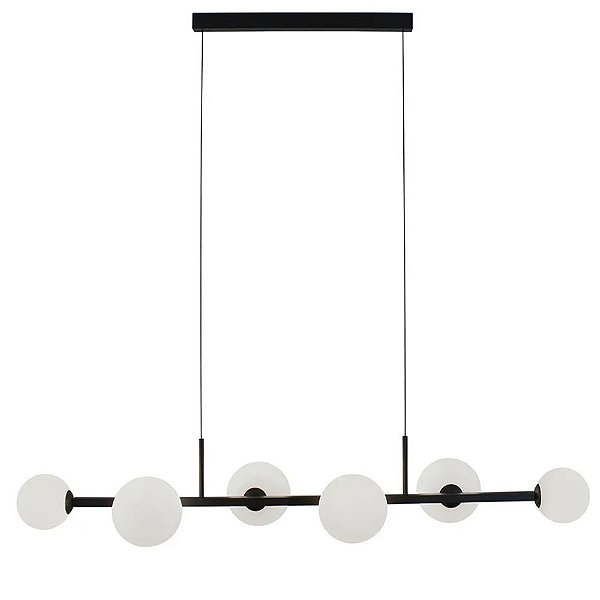 Pendente Jabuticaba Orbit 105x26x16cm Preto com 6 Vidros Leitosos para 6x Lampadas G9