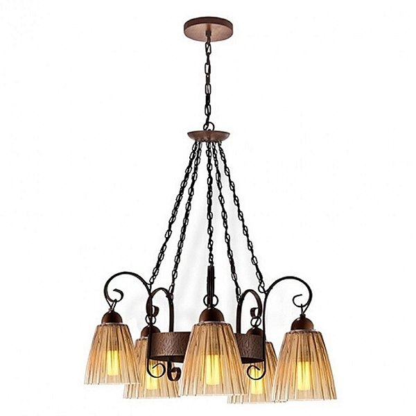 Lustre Madeira e Vidro Florenca  Ø58cm com Corrente para 5 Lampadas E27