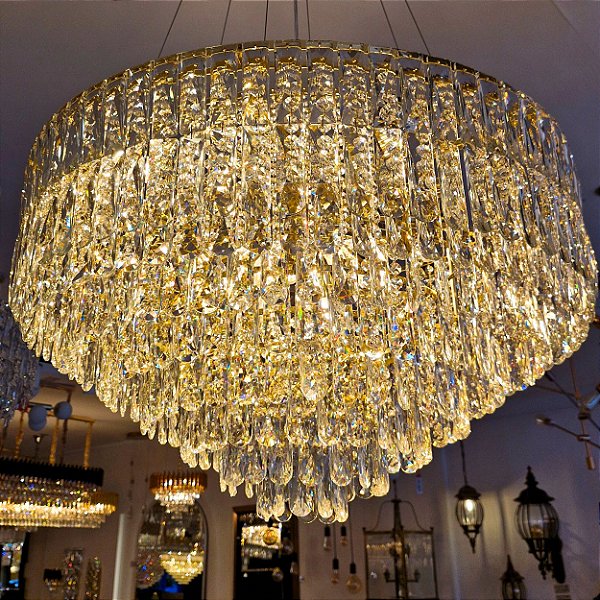 Pendente Redondo Cristal Ø80x46cm Dourado para 18 Lampadas E14 Bivolt
