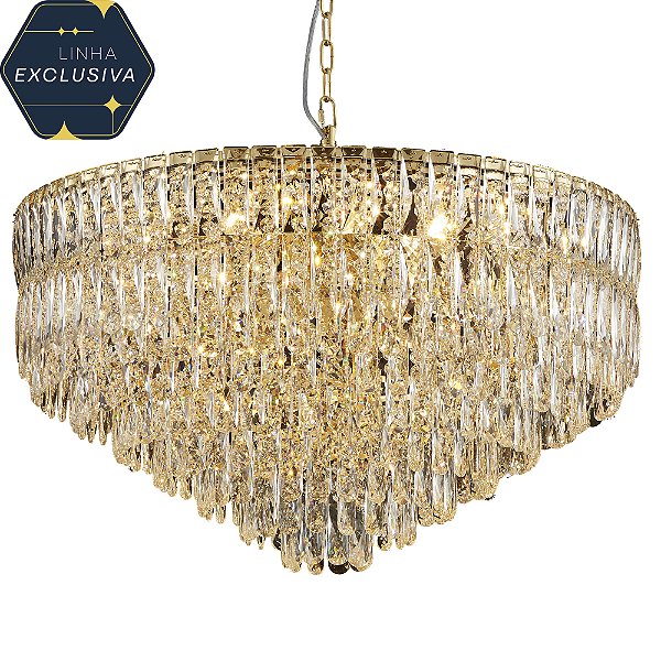 Pendente Redondo Cristal Ø80x46cm Dourado para 18 Lampadas E14 Bivolt