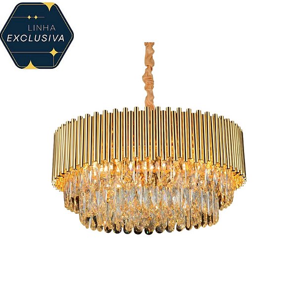 Lustre HPD8436 Metal e Cristal Dourado 60cm para 15 Lâmpadas E14