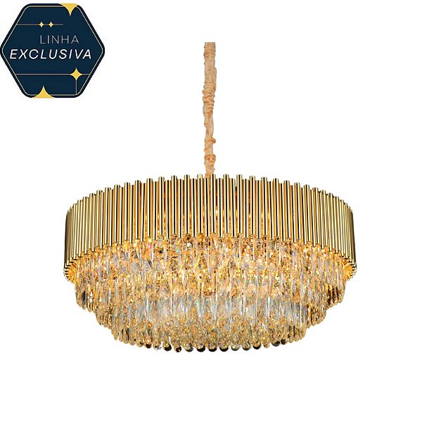 Lustre HPD8438 Metal e Cristal Dourado 80cm para 22 Lâmpadas E14