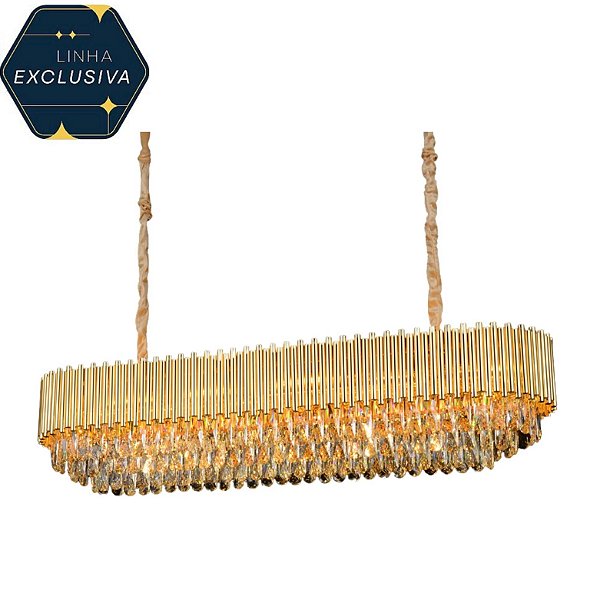 Lustre HPD8440 Metal e Cristal Dourado Retangular 120cm p/ 22 Lâmpadas E14