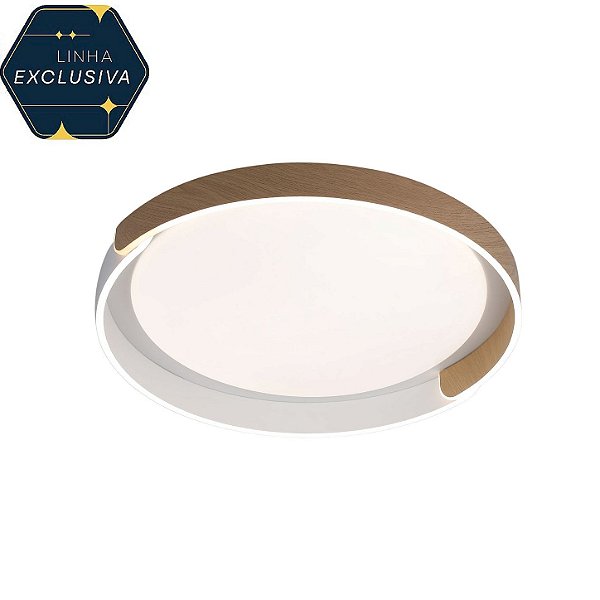 Plafon HPF5429 Branco com Madeira 55cm Led 65w Dimerizável com Controle Remoto Bivolt